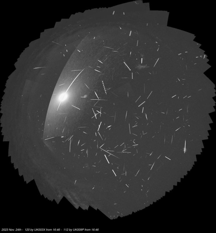 Meteors 2023 November 24 17:15 to 25 06:28 with fireball
This is a tracked stack of the meteors captured by my two Global Meteor Network cameras on the night of 24th to 25th November 2023. According to the preliminary analysis more than half of the meteors shown are sporadics, but there are also several Leonids, Southern chi Orionids and November Orionids, and a few alpha Monocerids, sigma Hydrids, omicron Eridanids and Andromedids. The brightest one arrived at 05:53.55 and has had its orbit determined. It turned out to be a tau Taurid with an absolute magnitude brighter than -8.
