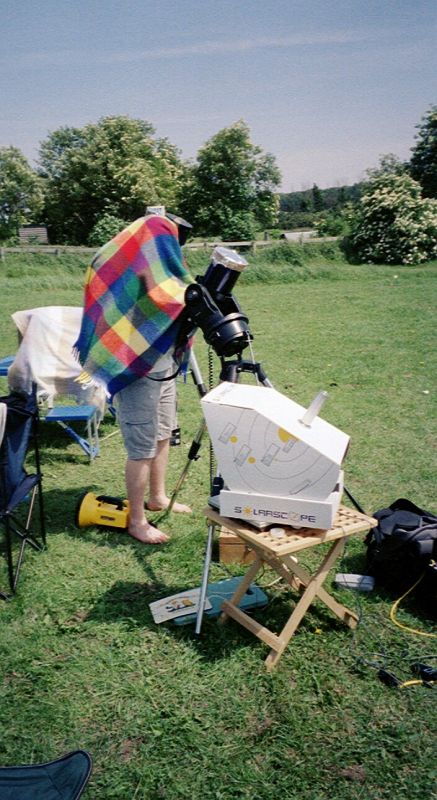 Transit of Venus, June 2004
Obviously a sunshade is needed for observing during bright daylight. The SolarScope in in the foreground.
Link-words: LocalArea2004