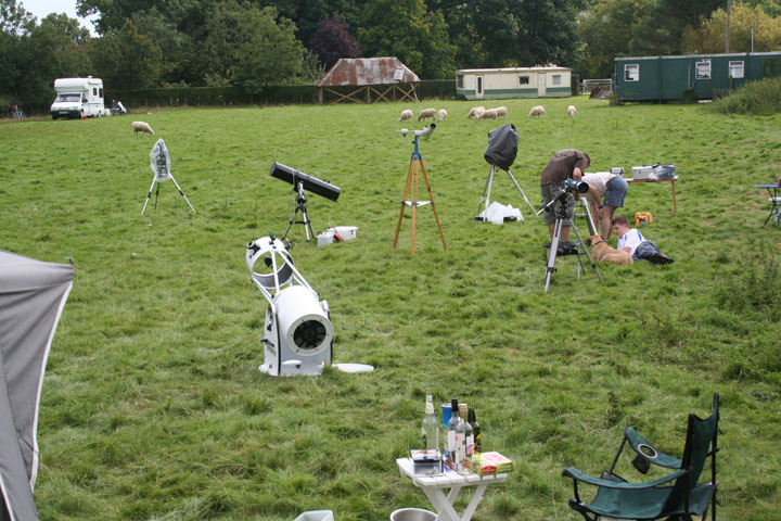 All set up for the Evening!
A great time was had by all, lots of scopes all doing different things. A lot of dew about but aquisition of a little battery run hairdryer helped to improve a lot of the images.
Plenty to eat & drink & plenty of laughs.
