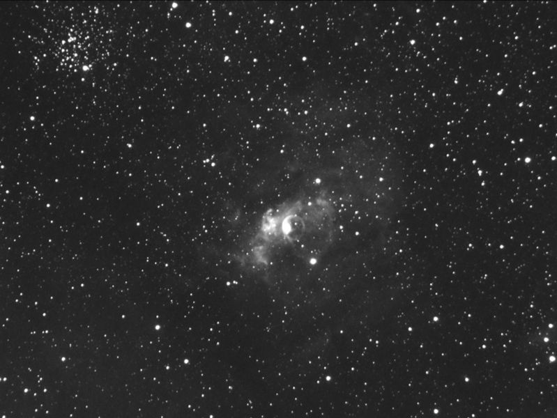 NGC7635 Bubble Nebula & M51 Open Cluster in Cassiopeia
11x600secs, CLS filter, Ha.

This nebula is the smallest of 3. At the centre is a massive star, BD+602522. The nebula lies at a distance of 7,100 ly & is 10 ly across.
Link-words: Nebula