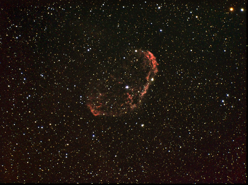 NGC6888 - The Crescent Nebula in Cygnus
The Crescent Nebula. There was a very bright full moon when I took this and the transparency wasn't good. As Cygnus was 180 degrees away from the moon adn was therefore in darker skies I decided to try an object in Cygnus. This is a HaRGB image made up of 30:15:15:15 minutes in 5 minute subs.
Link-words: Nebula Star