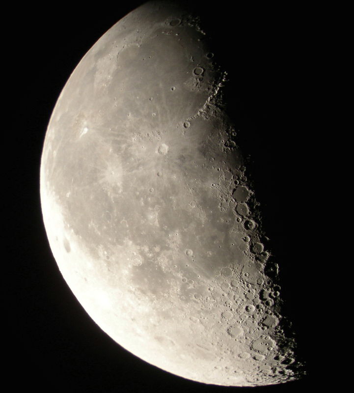 Half Moon
Moon, 3rd quarter. Tons of craters at the Terminator an example of the many pictures taken in the earliest years of compact camera astrophotography. Anyone can do it now.
Link-words: Moon