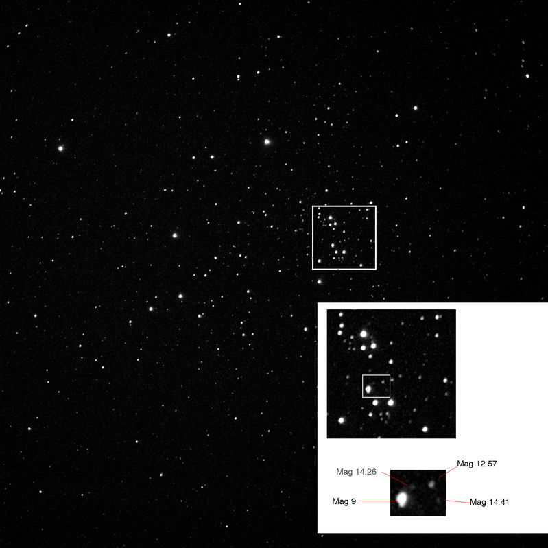 NGC884 With magnitude data.
NGC 884 Part of the Persus Double cluster. By using starmap and photoshop I have identified that the lowest magnitude star is 14.41
