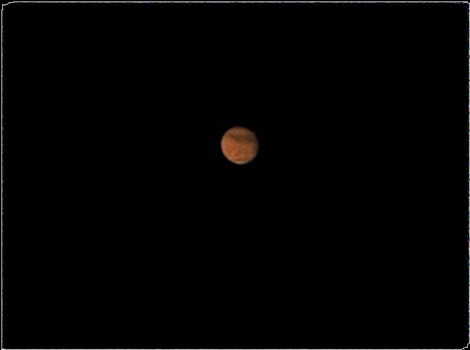 Mars just before the last OAS meeting Jan 2008
Mars captured at 640x480 1/125s exposures@50fps best 5% of 2500 frames captured in K3CCDTools and Stacked/Processed in Registax.

It was fairly breezy and seeing wasn't too good though the sky looked very clear.  Could have done with taking it to f40 but I'm not sure if the conditions would have allowed the extra magnification.  Mars is 50 pixels high in this composite.
