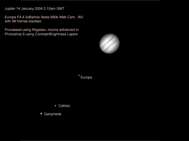 Jupiter with Moons
This was my first attempt at Jupiter and its moons, for this image I used my telescope at prime focus.  The image was 99 frames 0% exposure 1/125th of a second; the brightness and wide field of view of my telescope means I did not have to enhance the moons a lot at all.
Link-words: Jupiter