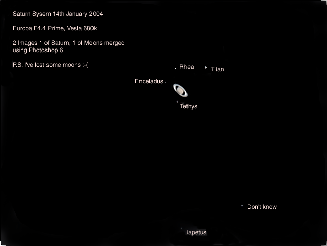 Saturn and Moons
This was my first attempt at Saturn and its moons, for this image I used prime focus to get a wide field view and took two series of images.  The first image of Saturn was 200 frames the moons we're 400 frames with the web cam amp at 50% exposure 1/33rd of a second.
Link-words: Saturn