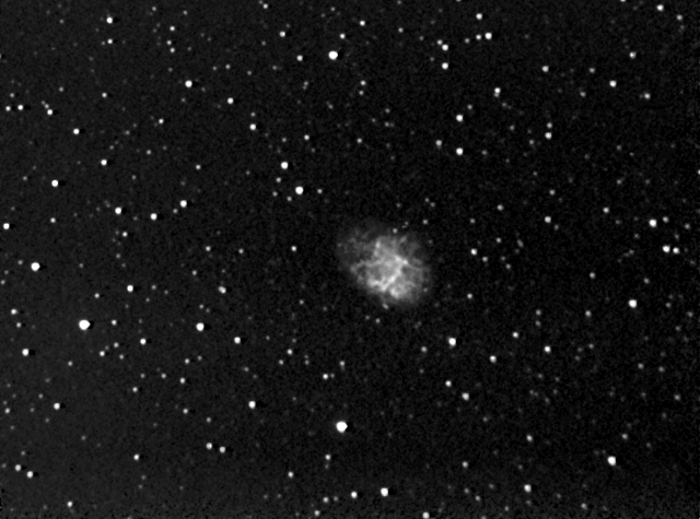 M1 through Ha filter
M1 supernova reminent taken using a Hydrogen Alpha filter. You will see from this picture that M1 looks like a shaggy ball of wool.
Link-words: Messier Nebula