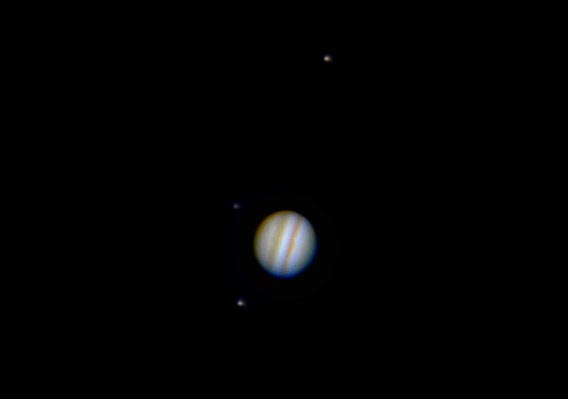 Jupiter and Moons 10-9-11
Composite of Jupiter and Moons done on same evening, but different exposures.  Bottom left Callisto, left of Jupiter Europa, above Jupiter Io.  
Link-words: CarolePope