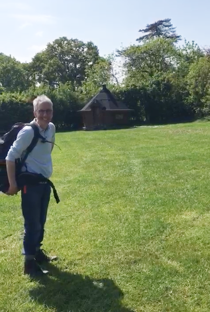 Michael Griffiths and the cabin behind after going walking
Link-words: DSC2024