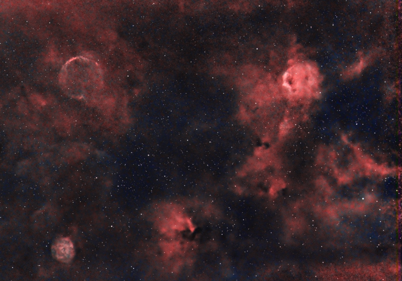 Abel 85, Phantom of the Opera and Little Rosette Nebulae
Abel 85, Phantom of the Opera (Sh2-173), and Little Rosette Nebulae (Sh2-170)
Very little data so making a silk purse out of a sow's ear.  
Had to process in HSS as nothing shoing in Oiii.
Planning to do this again for much longer
1hr 55mins data 
Ha 1hour 40mins, 
Sii 15mins 
Link-words: CarolePope