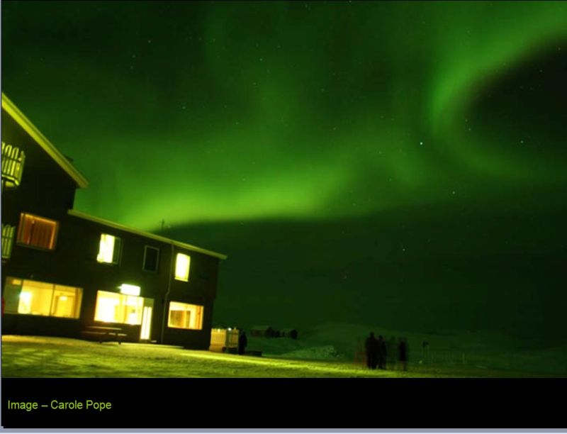 Aurora from out hotel
The hotel provided a greenhouse with radiator and hot drinks to shelter in as it was -12 degrees, and too bitter to stay outside in for long, so that enabled us to stay up for several hours aurora watching. 
Link-words: CarolePope Iceland2012