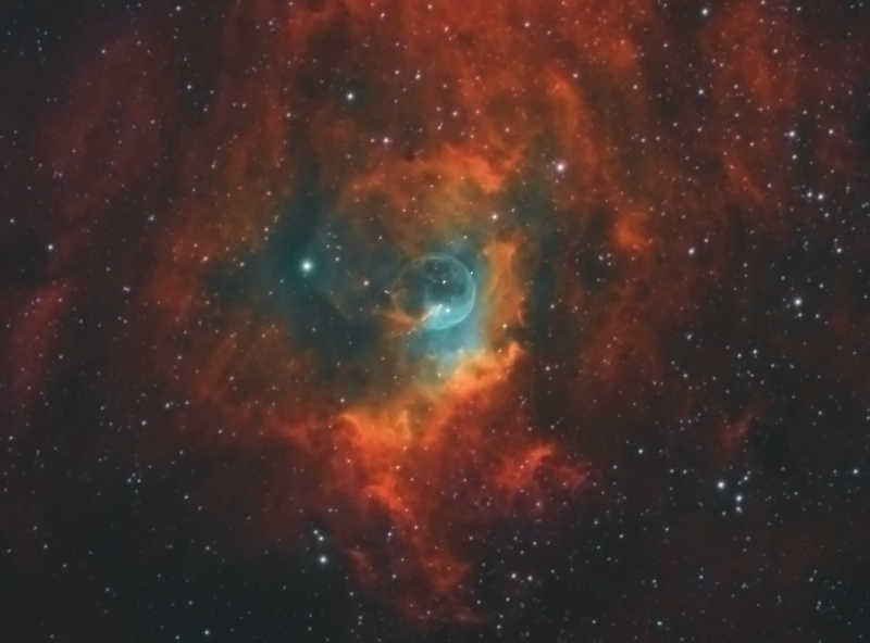 Bubble Nebula NGC7635
Ha 9 x 900secs April 2015, Ha 4 x 900secs Sept 2016, Ha 3 x 600 & 1` x 900 Sept 2016, Oiii 10 x 300 & 3 x 300 binned x 2 Sept 2016, Sii 9 x 300 & 3 x 300 binned x 2 Sept 2016
Atik314 & HEQ5, Skywatcher ED120 and WO FR x 0.8, Mapped HOS
Total 6 1/4 hours

Link-words: CarolePope