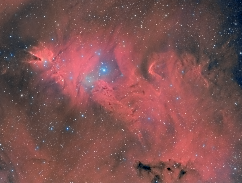 Cone and Christmas Tree nebulae
Taken from an astro colleague's backyard in Bortle 6 since I have a big tree in the way at Home in Bortle 8. I took Oiii and Sii but it did not add anything to the colour, so as I had already taken some RGB as well, "just in case" I processed HaRGB

Atik460EX & WOZS71 HEQ5
Ha 22 x 600
RGB 9 x 150secs binned each
Total imaging time 5 3/4 hours
Link-words: CarolePope