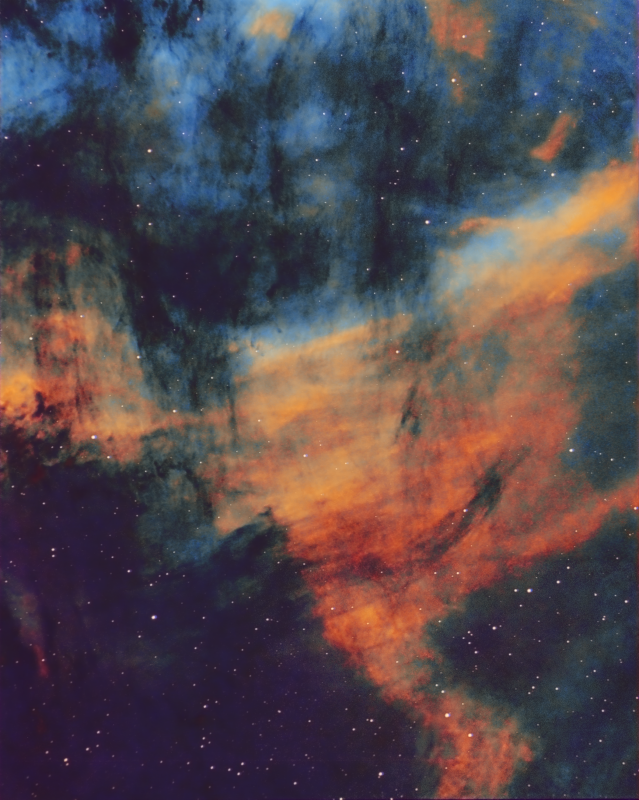 IC5068 in Cygnus 
Taken over 4 nights.  Skywatcher ED72 and Atik460EX.  
Full to last quarter Moon.
SkyshedPOD observatory where the dome had to be taken off as the target was high.  

Ha 21 x 600 (3h 30m)
Oiii 11 x 300 and 14 x 600 all binned x 2 (3h 15m)
Sii 10 x 300 & 16 x 600 all binned x 2 (3h 30m) 

Total imaging time 10h 15m

Bortle 7/8 SE London
Link-words: Carole