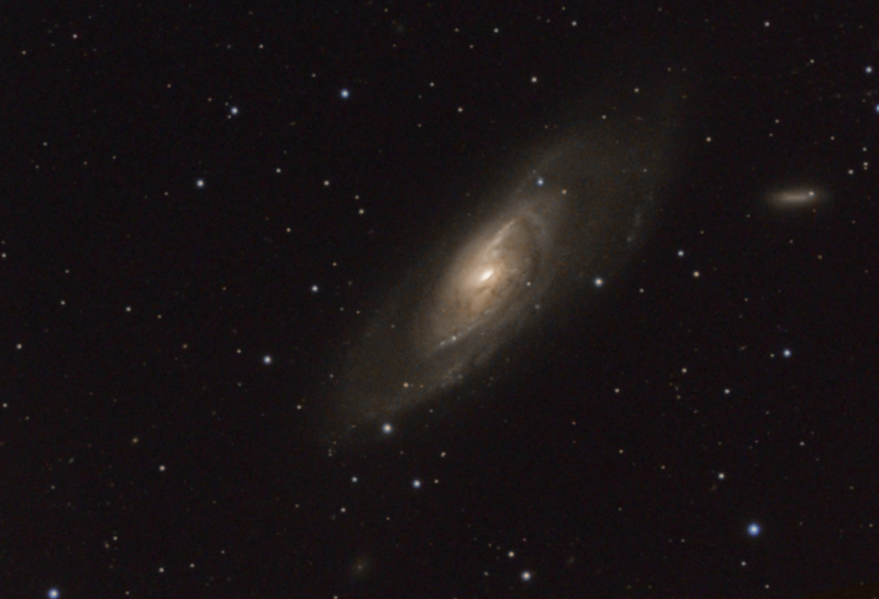 M106 
LRGB Atik314L + FR x 0.8
Skywatcher ED120
Lum 8 x 600
RGB 1 x 300secs each binned x 2

Only managed 1 sub each of the RGB, was imaging at the Zenith
Link-words: CarolePope