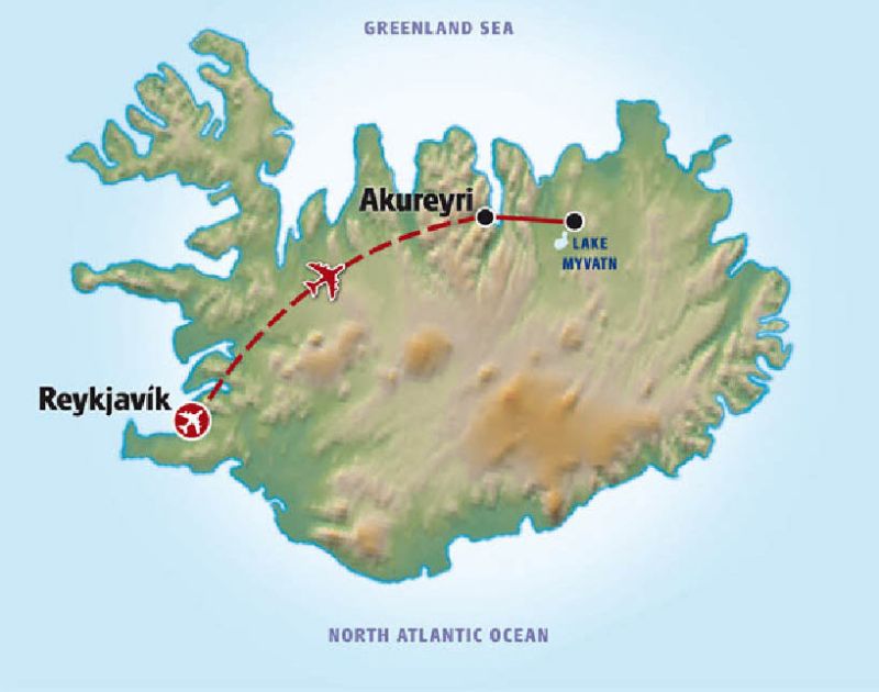 Flight to Akureyri (en route to Lake Myvatn) 
We flew for 3 nights to Lake Myvatn to increase our chances of seeing the Aurora.  This is the route.  We got taxis from our hotel in Reykjavik, then a flight to Akureyri, then overland during an escorted and very interesting guided tour to our hotel in Lake Myvatn (Hotel Sel).
Link-words: CarolePope Iceland2012