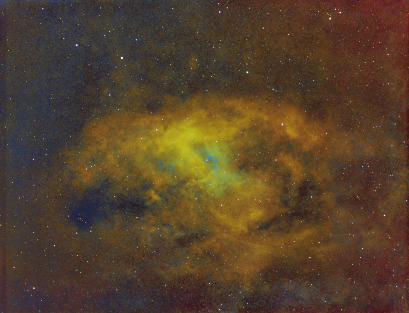 Sh2-92 
SHO Image, a real struggle due to being Dim, our skies, and cameras suffering from dew and needing to change the dessicant.  Much data had to be thrown away.  
Link-words: Carole