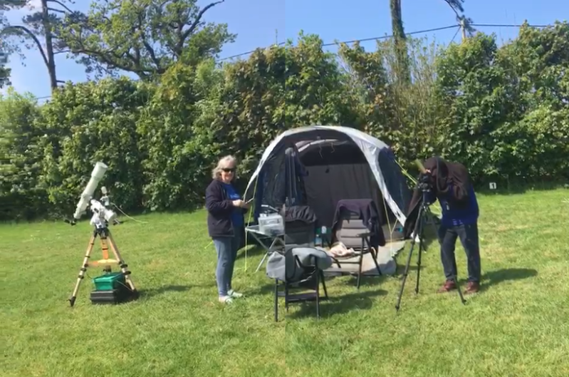 Sue and Roy wuth their Tent and kit.  Roy looking through the solarscope, 
Link-words: DSC2024