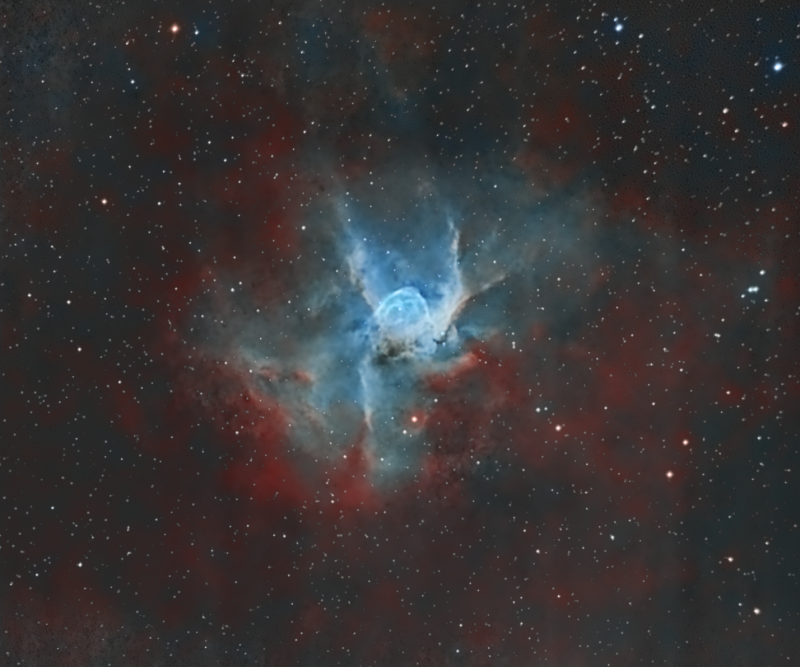 Thor's Nebula NGC2359
An image I took back in 2018 at Cairds DSC, but was never happy with it.  Limited time at camp meant I could not get any more data.  
This is a reprocess using improved skills and new imaging tools
20 x 600 Ha
17 x 600 Oiii
Atik 460EX on WOZS71 and Atik428EX on ED80 both with FR x 0.8
HEQ5
Total imaging time 6houts 10 mins
Link-words: Carole