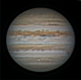 Jupiter with WinJUPOS processing
First attempt at this. Same processed images as before but utilising WinJUPOS to de-rotate the images and so combine them despite the images being taken over more than 1 hour. Resulting image finalised in Registax. 
Link-words: Duncan Jupiter