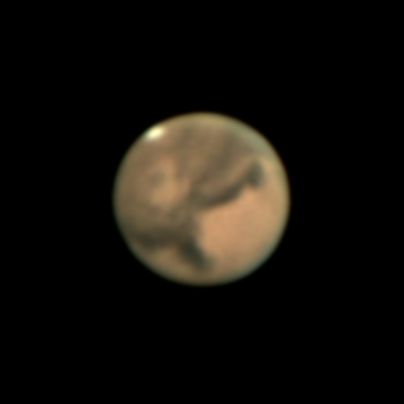 2020-09-28-0013_2-DE-OSC-Mars__150r_T48_1500_reg
FireCapture v2.7 01 BETA Settings
------------------------------------
Observer=Duncan Evenden
Location=Manche, France
Scope=LX90 8" UHTC
Camera=ZWO ASI294MC Pro
Filter=OSC
Profile=Mars
Diameter=22.26"
Magnitude=-2.43
CM=316.3°  (during mid of capture)
FocalLength=4250mm (F/20)
Resolution=0.22"
Filename=2020-09-28-0013_2-DE-OSC-Mars.ser
Date=280920
Start=001301.525
Mid=001314.384
End=001327.244
Start(UT)=001301.525
Mid(UT)=001314.384
End(UT)=001327.244
Duration=25.719s
Date_format=ddMMyy
Time_format=HHmmss
LT=UT +2h
Frames captured=5000
File type=SER
Binning=1x1
Bit depth=8bit
Debayer=yes
DebayerAlgorithm=HQLinear
BayerPattern=RG
ROI=200x200
ROI(Offset)=2016x1312
FPS (avg.)=194
Shutter=5.000ms
Gain=310 (54%)
AntiDew=off
AutoExposure=off
AutoGain=off
AutoHisto=75 (off)
Brightness=4
FPS=100 (off)
Fan=on
Gamma=50 (off)
HardwareBin=off
HighSpeed=on
SoftwareGain=10 (off)
TargetTemp=-5
USBTraffic=80
WBlue=99
WGreenOffset=0 (off)
WRed=49
Histogramm(min)=0
Histogramm(max)=0
Histogramm=0%
Noise(avg.deviation)=n/a
Limit=5000 Frames
Sensor temperature=-4.9°C
Target=Mars, Date: 280920, Time: 001314 UT, Mag: -2.43, Dia: 22.26, Res: 0.22, Az: 161.10, Alt: 45.69, Phase: 0.98, CM: CM=316.3°, Camer
Link-words: Duncan