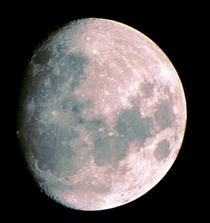 Waxing Moon in Normandy, France
The image is a composite of two sets of 640x480 pixel frames to capture the whole moon. The scope was mounted on a EQ1 type mount with electric RA drive. Post processing was used to highlight tonal differences in the mare.
Link-words: Duncan