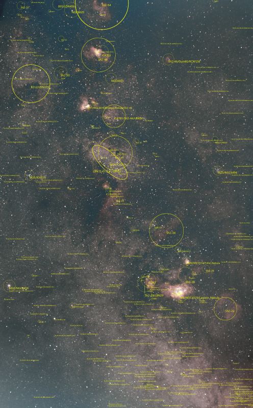 M8 Lagoon,M16 Eagle,M17 Omega,M20 Triffid,M22 Globular,Clusters M23,M24,M25,M28 annotated
As other image
Link-words: Duncan