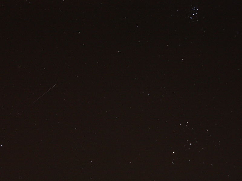 Taurus and M45 (Pleiades)
Stars just starting to elongate due to the zoom vs exposure. Another satellite snuck into shot too. :)
Link-words: Messier