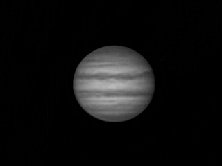 Jupiter
Another attempt at imaging this bright planet but this time with a superb 8" Meade LX90 telescope rather than my 6" Newtonian. 1 of 25 frames captured. See animation.
Link-words: Jupiter