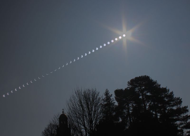 Solar eclipse from near Worcester 20th March 2015
Timelapse of the solar eclipse over approximately 2 hours, taken near Worcester after a 3-4 hour drive in search of sunshine. The first 20 minutes of the eclipse were unfortunately clouded out (so missing from the sequence) but shortly after the heavens cleared to reveal a beautiful blue sky. Canon 600D. Each eclipse snap is at 23mm, f/13mm, 1/1000th sec, ISO-800 through a home made Baader Astrosolar filter. 4 minute interval between each snap. Stacked in Startrails. A final snap was taken from the same camera position, without the filter, to grab the foreground which was blended into the eclipse sequence in Adobe Photoshop CS2.
Link-words: Sun Moon