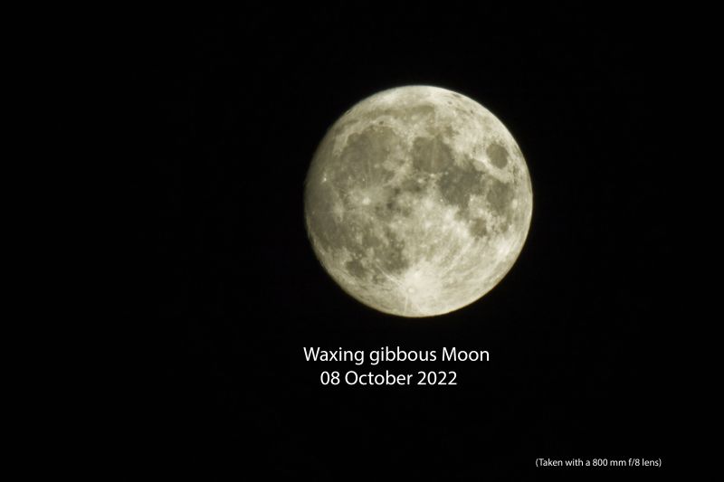 Moon using a f/8 800mm lens
Waxing gibbous Moon on 8th October 2022
