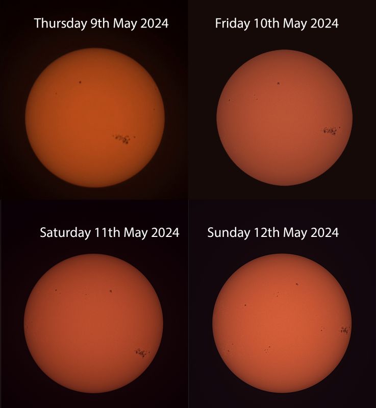 The Sun over a long weekend in May
The Sun, in white light, over a long weekend in May. Each image was taken at a slightly different time in the morning, so you can also see a little field rotation.
Link-words: Sun