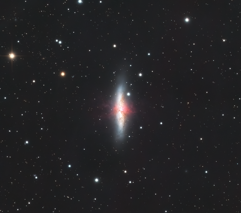 M82 aka Cigar Galaxy HaLRGB
M82 or Cigar is a starburst galaxy approximately 12 million light-years away in the constellation Ursa Major. Taken using Ha and LRGB.
Link-words: Galaxy