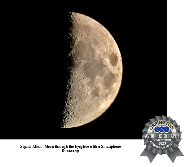 Runner Up Astrophotography Competition 2023 
First Quarter Moon taken through the eyepiece with a Smartphone 
Link-words: AstrophotographyCompetition2023